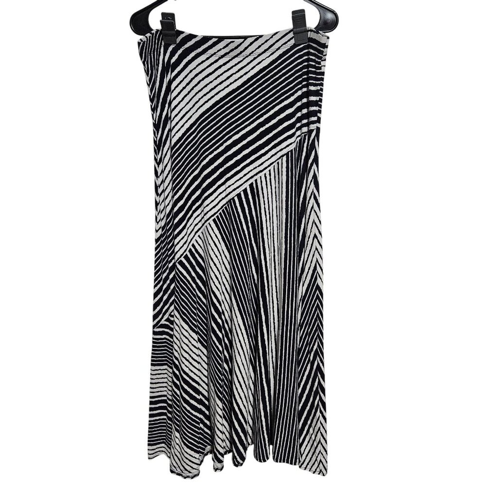 Chicos Asymmetrical Midi Skirt Womens Size Large Black White Striped Stretchy